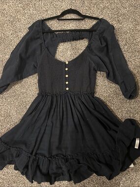 Free People Black Mini Dress with Button Front